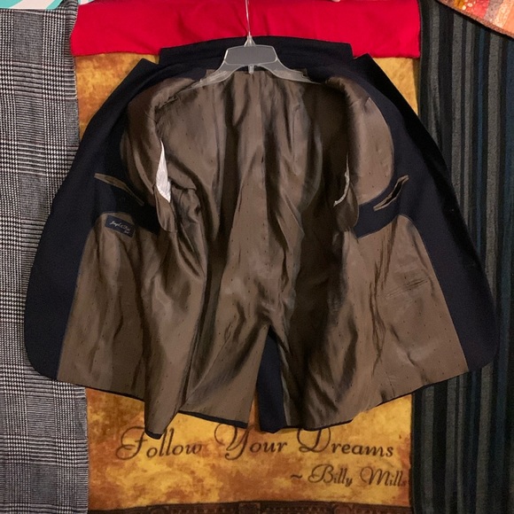 JOSEPH & FEISS Gold-men’s navy blue wool long sleeve triple-button suit jacket - Picture 8 of 11